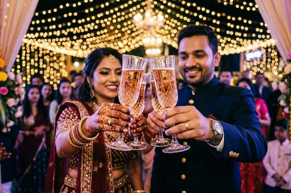 Wedding celebration toast, editorial photograph