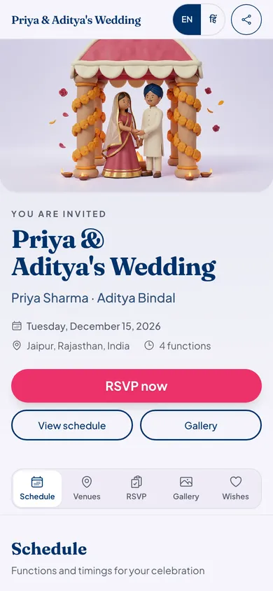 The Priya and Aditya demo wedding guest page on a phone, with an RSVP now button