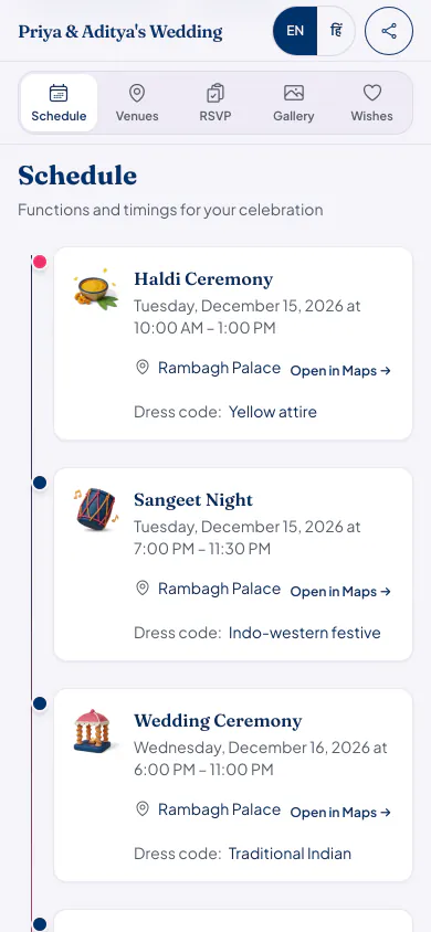 Guest page schedule: Haldi, Sangeet and Wedding with times, venue and dress code